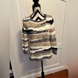 Alfred Dunner Striped Crewneck Sweater in White, Black & Tan